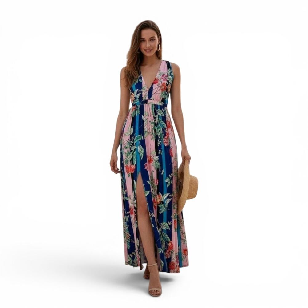 Colorful Floral Stripe Twist Back Beach Vacation Maxi Dress by Express Small